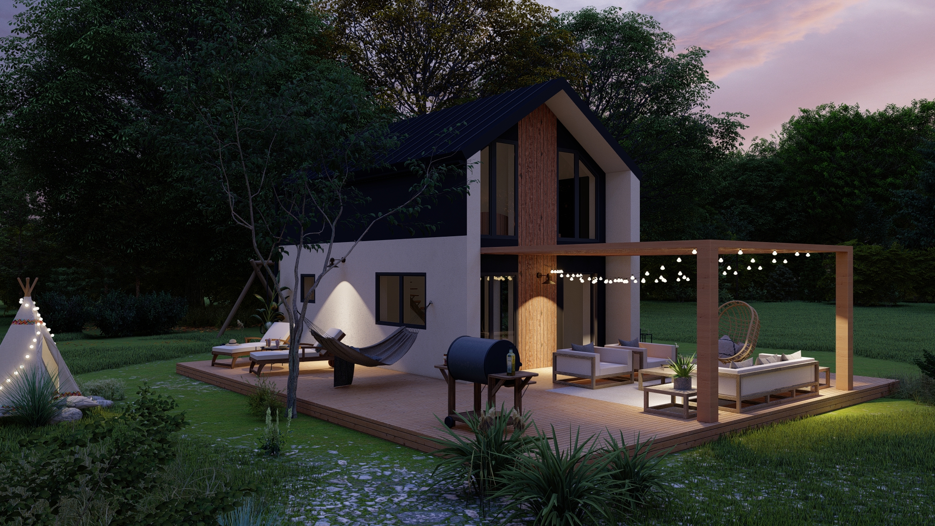 funkcjonalny przytulny jasny biały dom poddasze użytkowe taras duże okna czarny dach drewniane wykoń