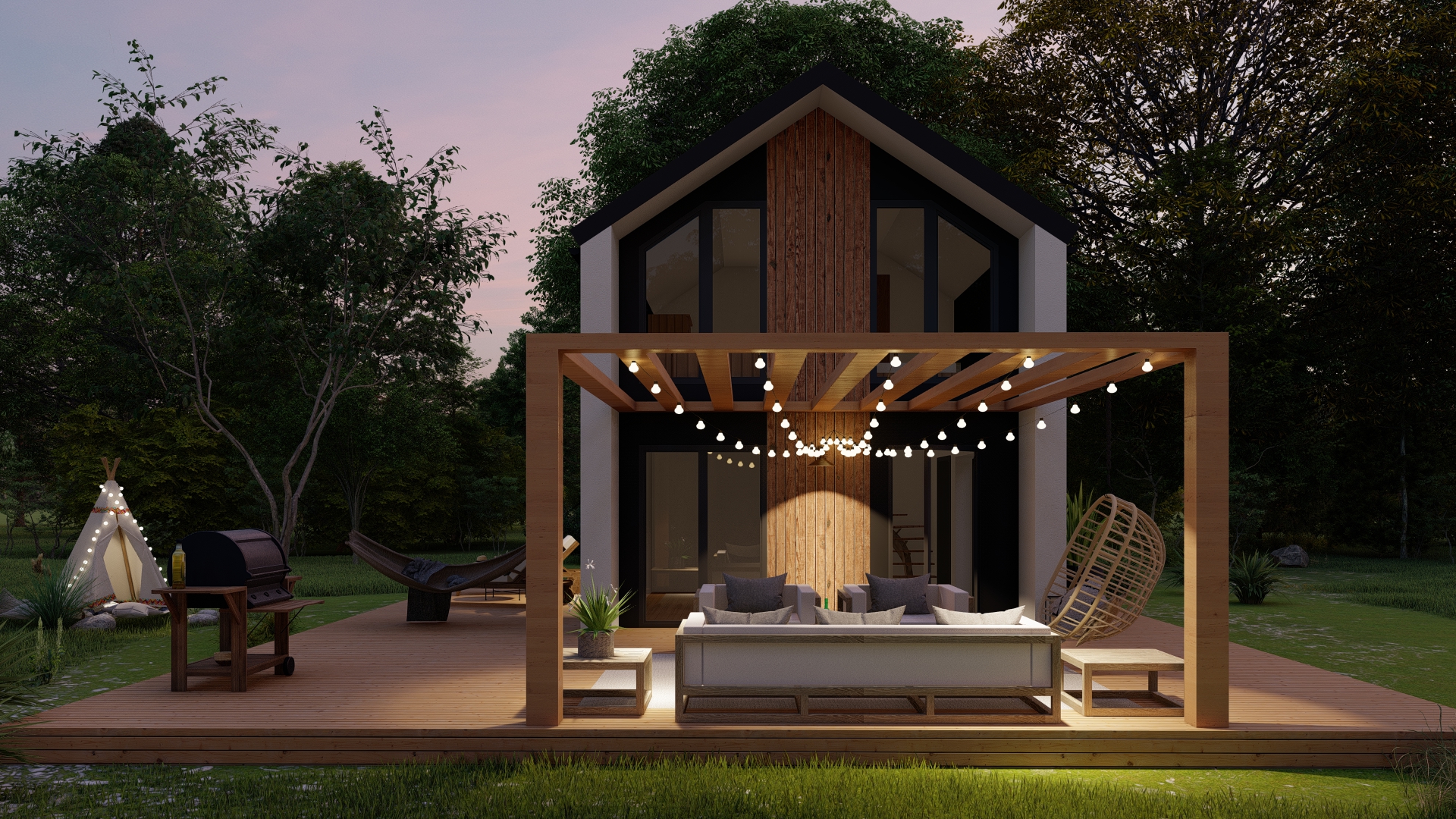 funkcjonalny przytulny jasny biały dom poddasze użytkowe taras duże okna czarny dach drewniane wykoń