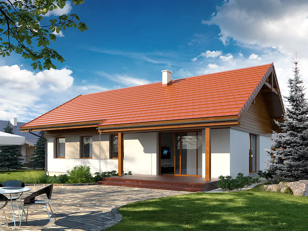 długi biały dom parterowy z czerwonym dachem i brązowymi wykończeniami z podwórkiem ponadczasowy z d