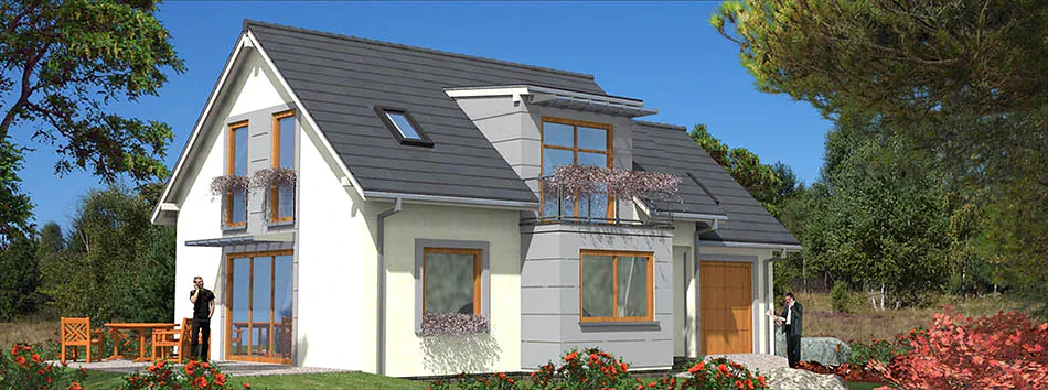 biały dom z szarymi elementami drewnianymi wykończeniami dużymi przeszkleniami z garażem z ogródkiem