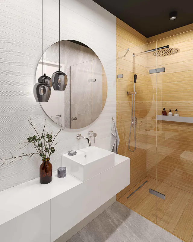 duża przestronna nowoczesna łazienka z prysznicem z brązowymi wykończeniami białymi meblami z połysk