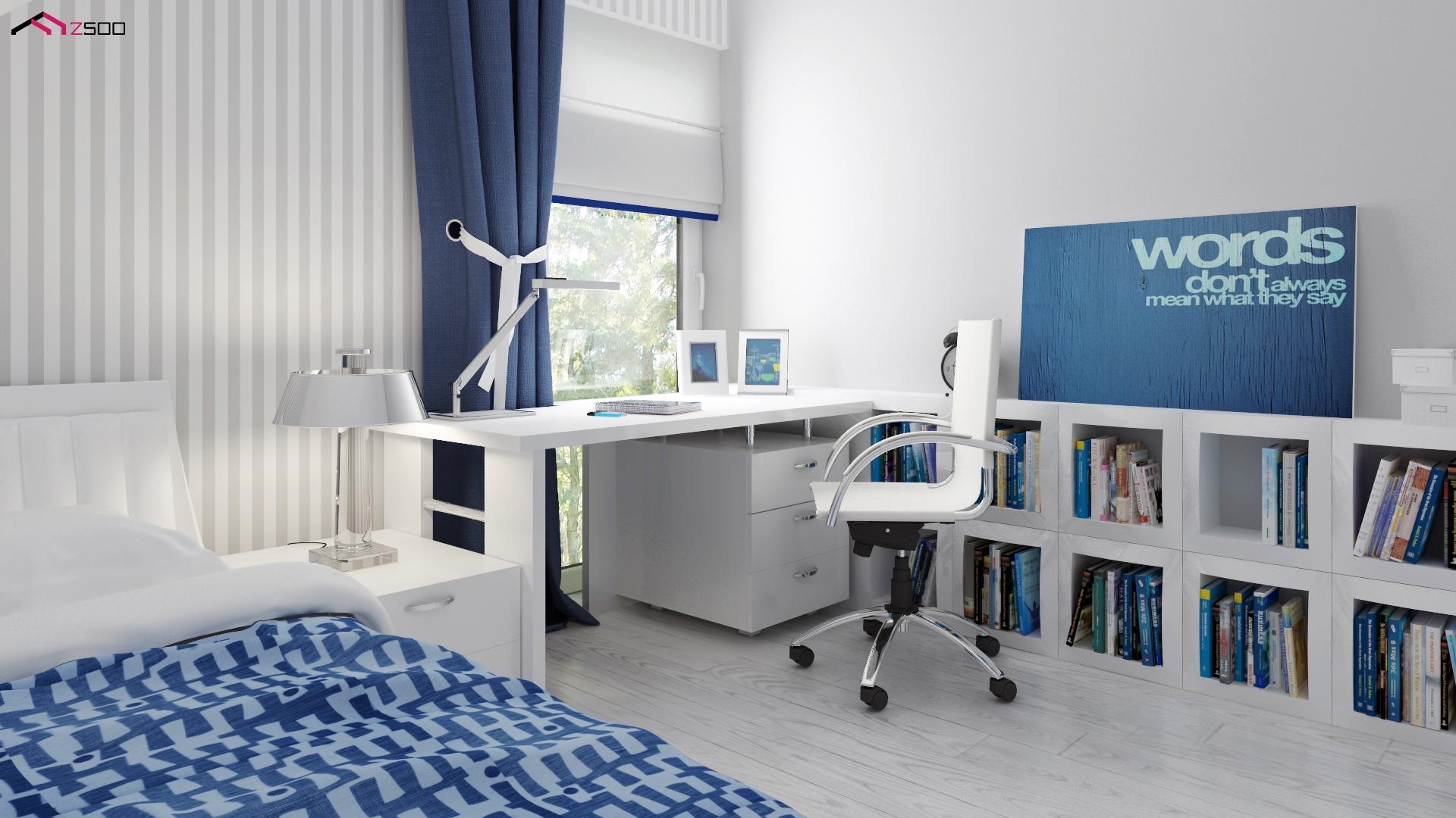 duży biały niebieski nowoczesny pokój jednoosobowe łóżko pokój dziecięcy biurko duże okno szafka noc