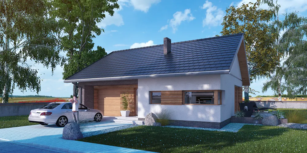 nowoczesny dom parterowy z dwuspadowym szarym dachem garaż duże przeszklone okna brązowe drewniane w