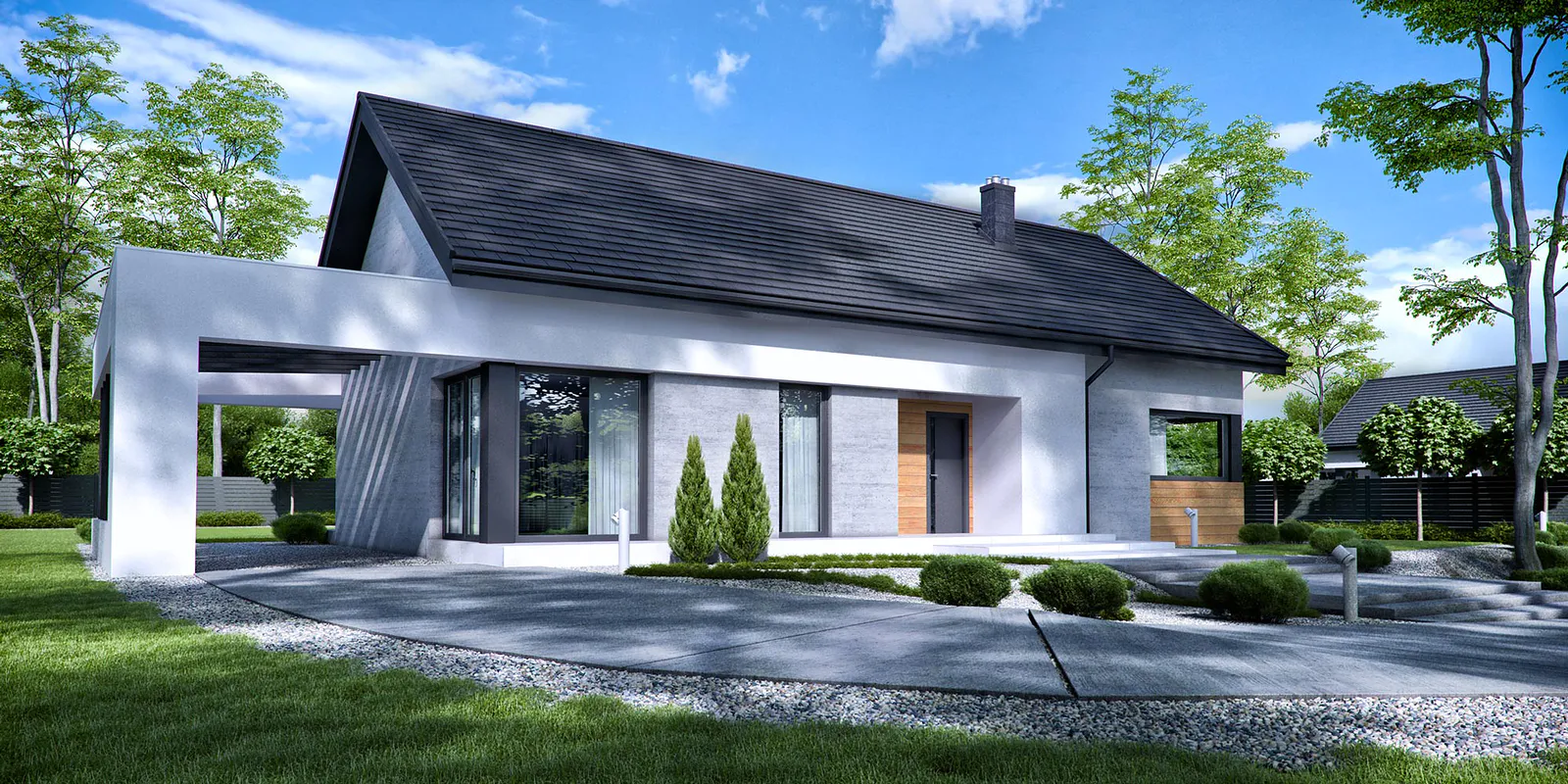 efektowny przestronny nowoczesny dom parterowy z szarym dachem drewnianymi wykończeniami dużymi okna