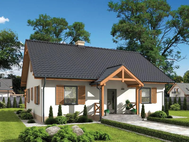 biały nowoczesny komfortowy domek parterowy ze strychem z drewnianym brązowym wykończeniem dwuspadow