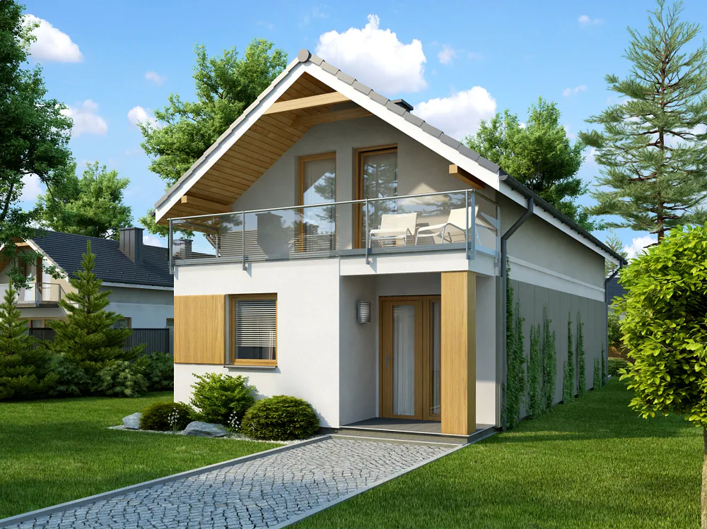 biały nowoczesny dom z drewnianym wykończeniem szarym dwuspadowym dachem balkonem poddaszem użytkowy