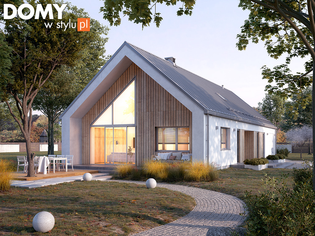 nowoczesny przestronny biały dom parterowy w stylu nowoczesnej stodoły z szarym dachem garażem jedno