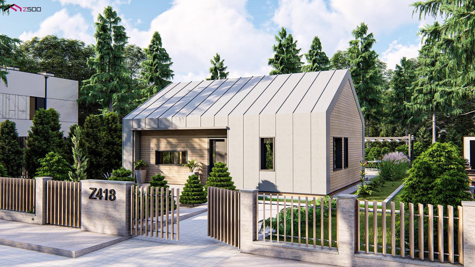 nowoczesny oryginalny dom w stylu stodoły prostokątny jasny szary dach dwuspadowy drewniane wykończe