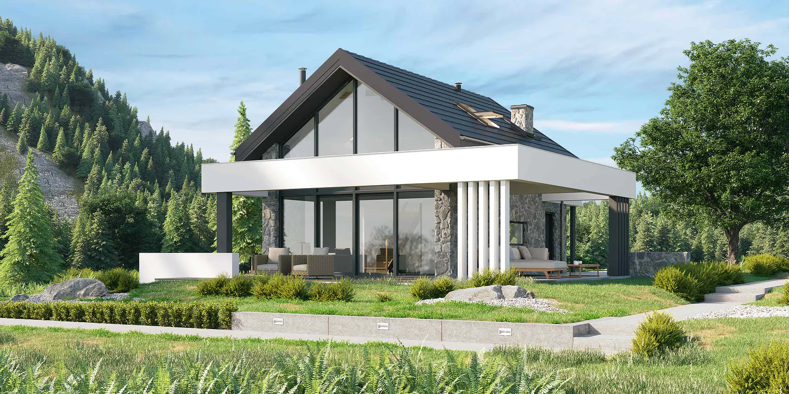 nowoczesny dom jednorodzinny parterowy z poddaszem użytkowym dwustronnym tarasem dużymi przeszklenia
